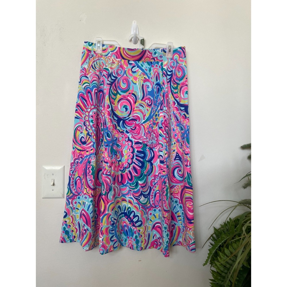 New Lilly Pulitzer Women's Shia Pink Psychedelic Sunshine Midi Skirt Size L $118